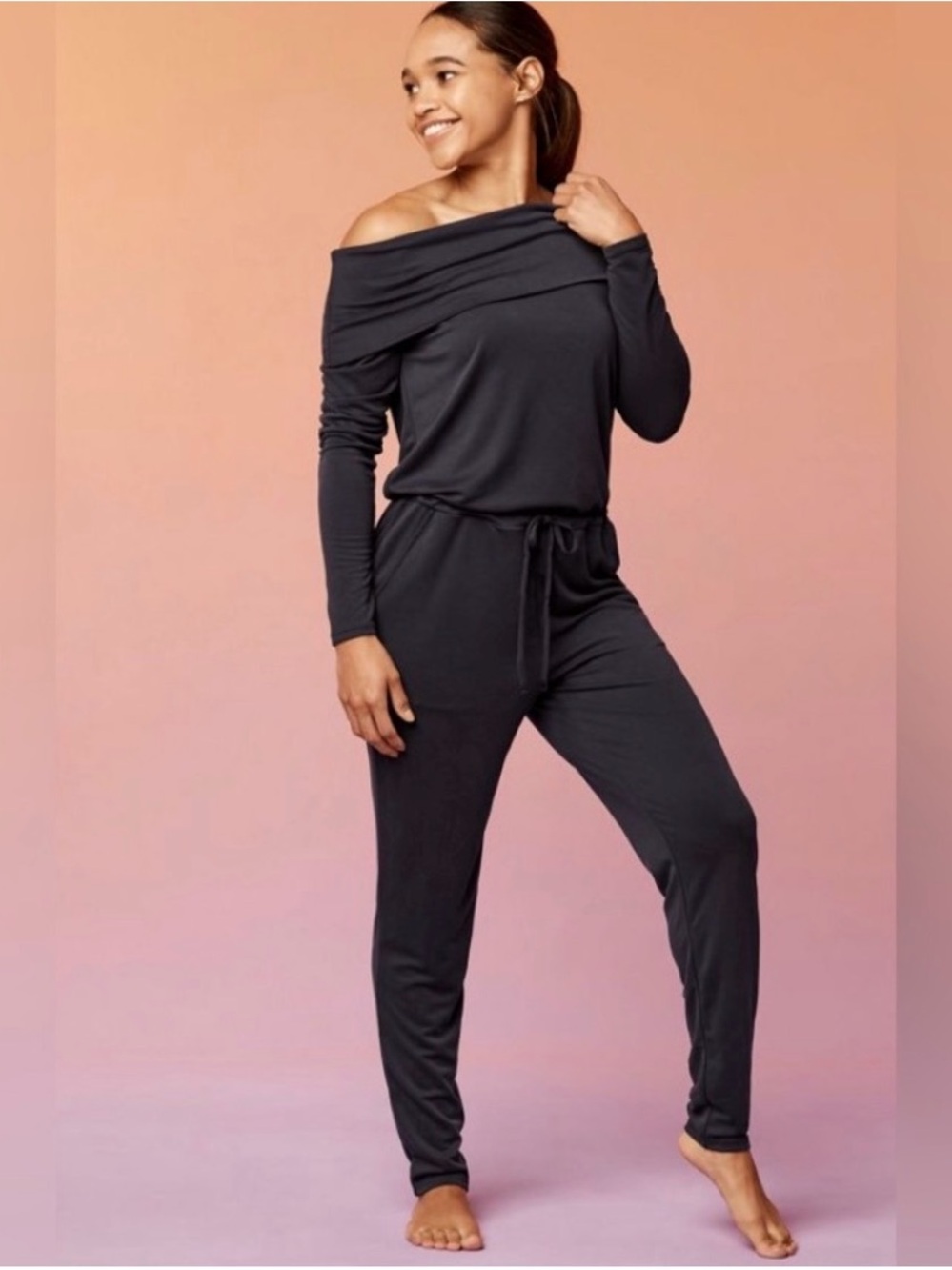 Fabletics Tess Off-Shoulder Black Jumpsuit. Size XL. NWT.